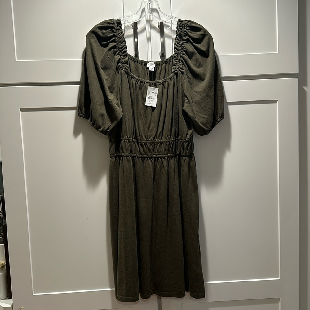 J Crew 100% Cotton Puff Sleeve Mini Dress Olive Green NWT